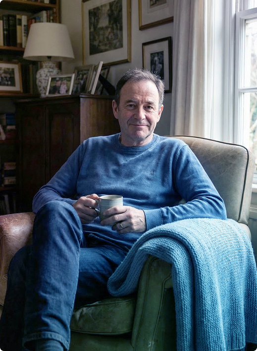 Man sitting in an armchair, holding a mug, with a blue blanket in a cozy living room.