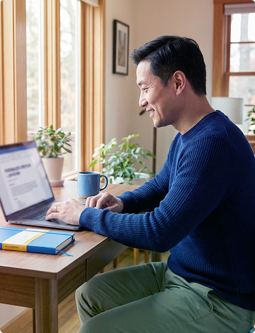Man typing on a laptop at a wooden desk in a sunlit room with plants and a coffee mug.