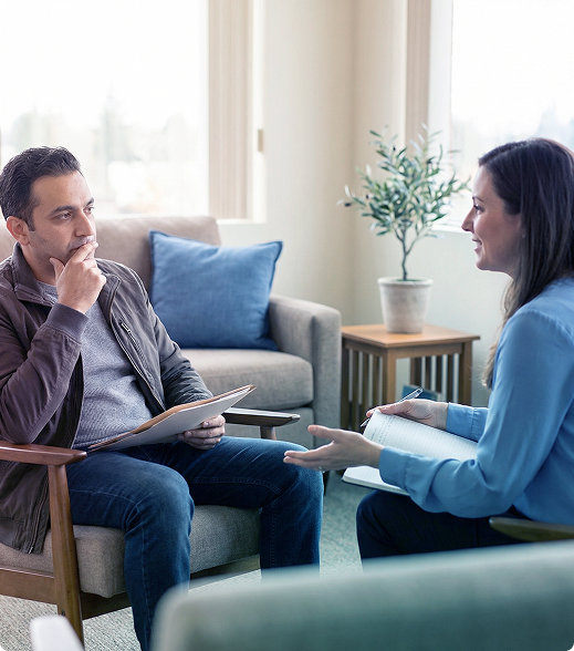Two people talking in a bright living room, seated on armchairs with a tablet and notebook.