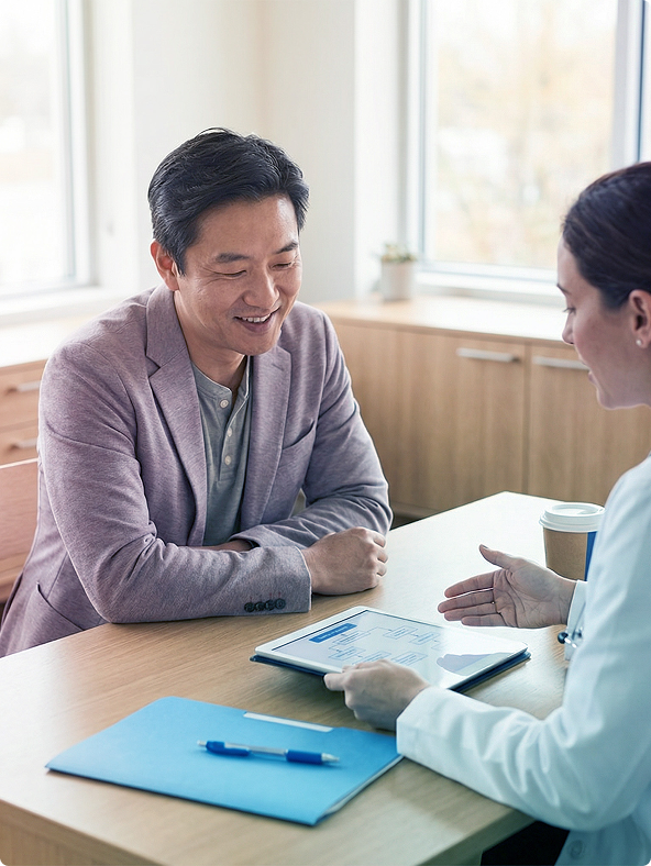 Two people talking at a table with a document, a blue folder, and a pen in a bright office.
