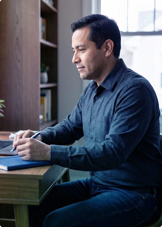 Person in a blue shirt seated at a desk, looking down and holding a cup by a window.