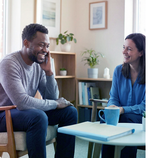 Two people smiling in a bright office, talking across a small table with mugs and a notebook.