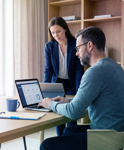 Two coworkers collaborate at a table with laptops in a bright office setting
