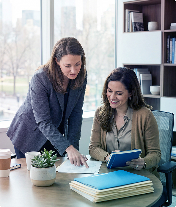 Two people talking on a couch in a bright room with a plant, overlaid with a text quote about feeling heard.