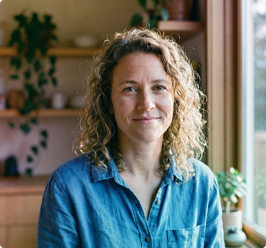 Woman writing in a notebook at a desk, wearing a gray blazer in an office setting