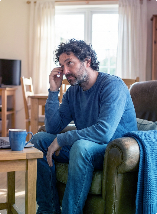 Man sitting in a living room chair, rubbing his forehead beside a coffee table and blue mug.