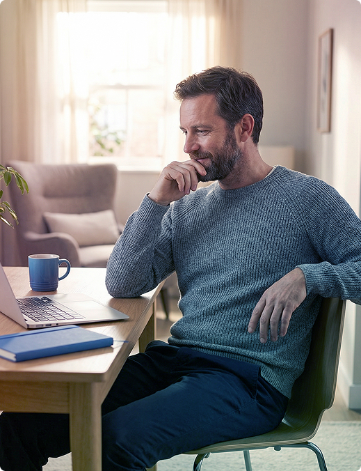 Man sitting at a desk with a laptop and coffee mug, thinking in a bright home office