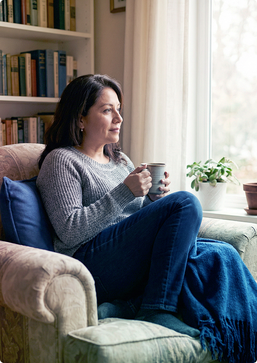 Woman sitting by a window in a cozy chair, holding a mug and looking outside.