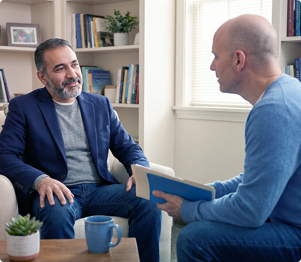 Two men talking in a bright office, one holding a notebook and the other seated with a coffee mug.