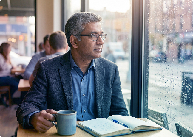 Two men in a bright office talking at a table with an open notebook and folders nearby