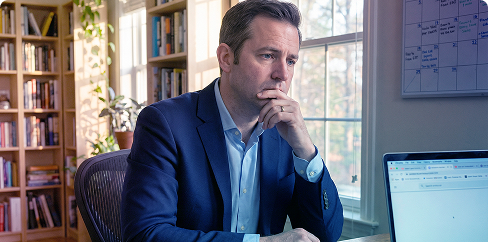 Man in blue suit thinking at a desk with laptop, bookshelves, and windowed office behind him