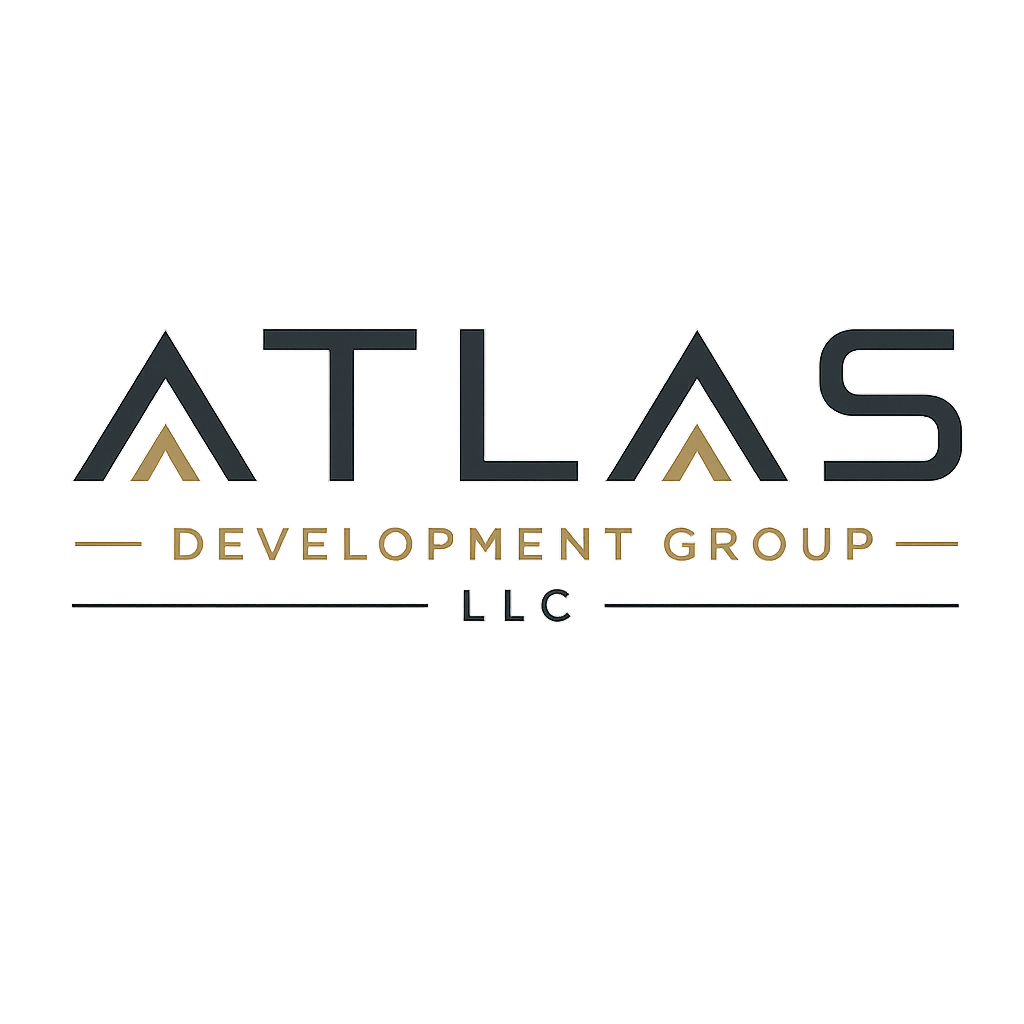 Atlas Development Group LLC logo in gray and gold with stylized mountain icon on white background