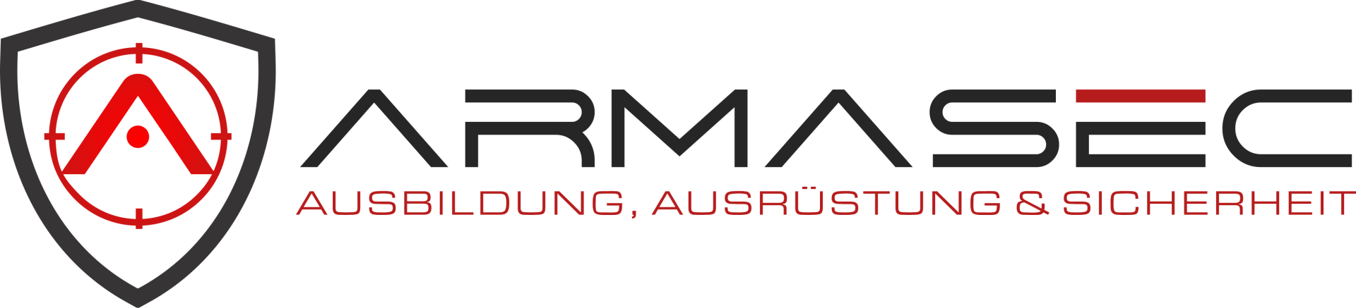 Schwarz weiße rotes Logo Armasec Ausbildung, Ausrüstung & Sicherheit. Schießausbildung auf einem Schießstand Frankfurt
