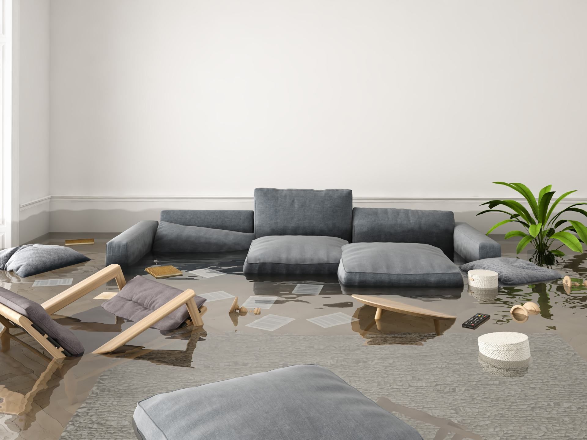 Flooded living room with gray furniture, water, and debris.