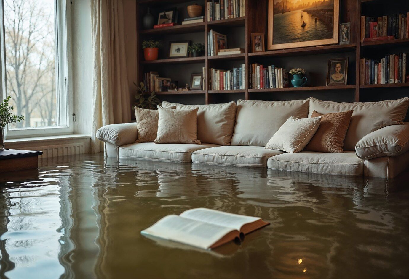 Flooded living room: water covers floor, sofa and open book; bookshelves and painting on the wall.