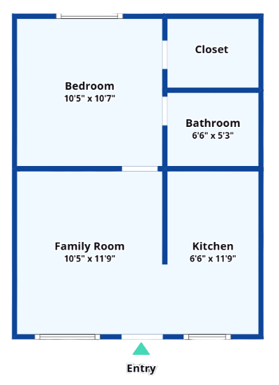 Floor plan of a small apartment with a bedroom, closet, bathroom, family room, and kitchen.