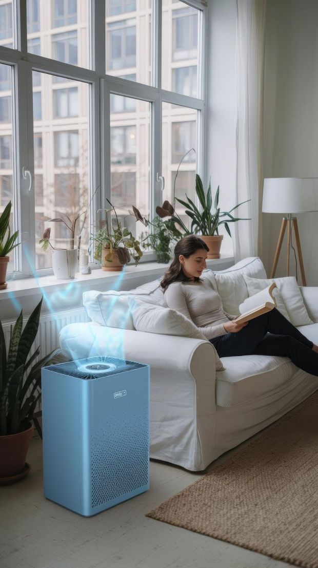 A woman is sitting on a couch reading a book in a living room.