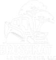 White line-art logo of a skid steer loader next to trees with the text "BRUSHKAT LANDWORKS, LLC" below.