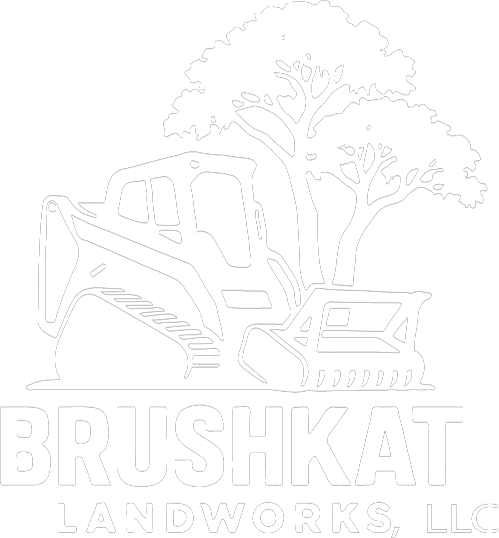 White line-art logo of a skid steer loader next to trees with the text "BRUSHKAT LANDWORKS, LLC" below.