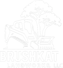 White line-art logo of a skid steer loader next to trees with the text "BRUSHKAT LANDWORKS, LLC" below.