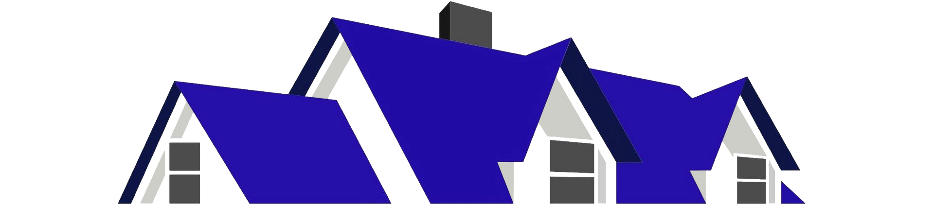 A drawing of three blue houses with white trim on a white background.