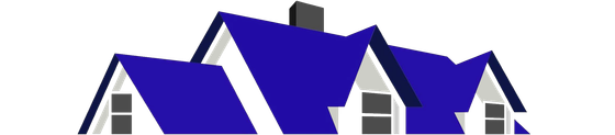 A drawing of three blue houses with white trim on a white background.