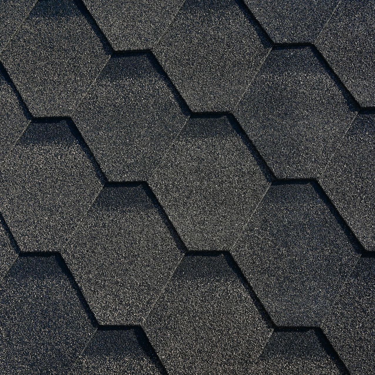 A close up of a black shingle roof