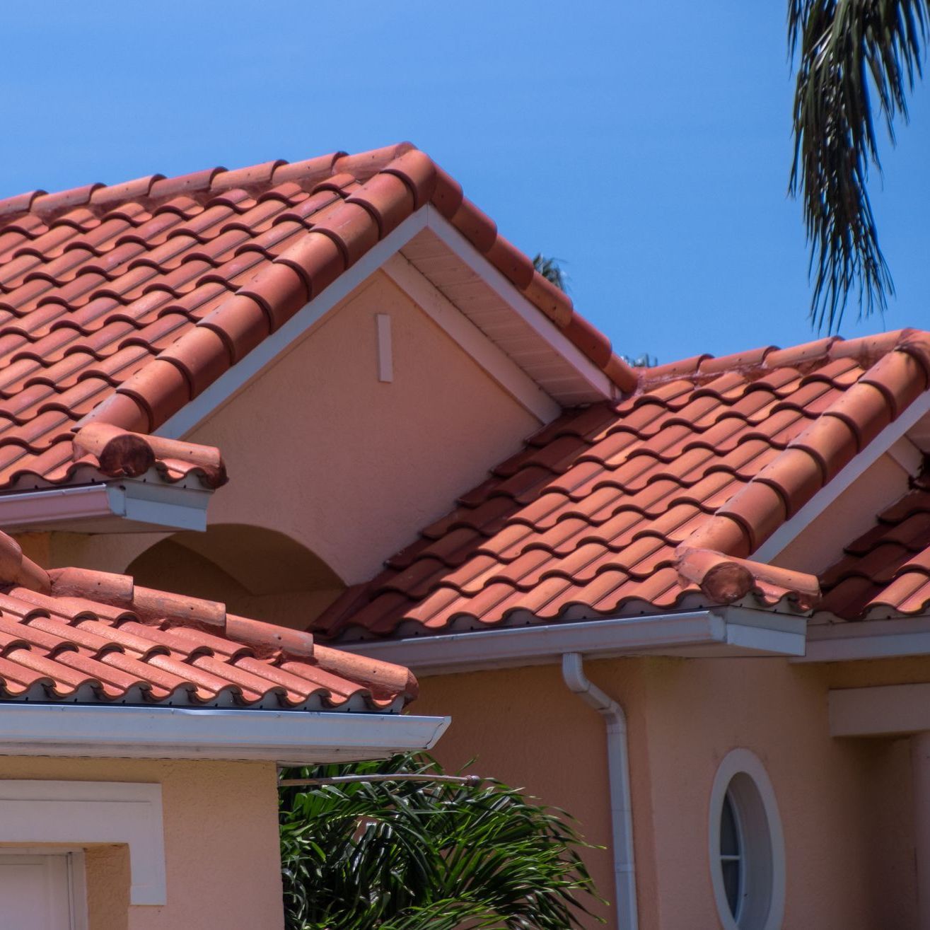 A house with a tiled roof and a palm tree in the background