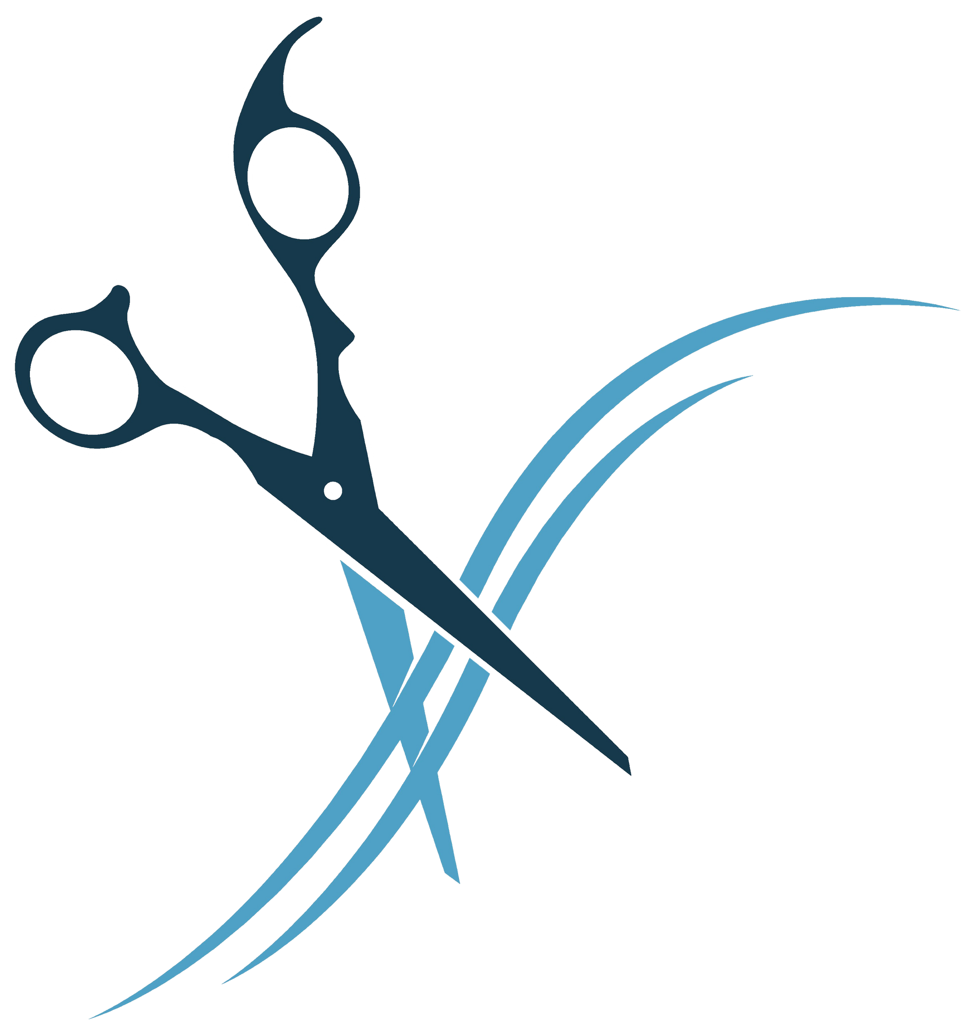 Blue scissors logo with curved blue lines on a white background