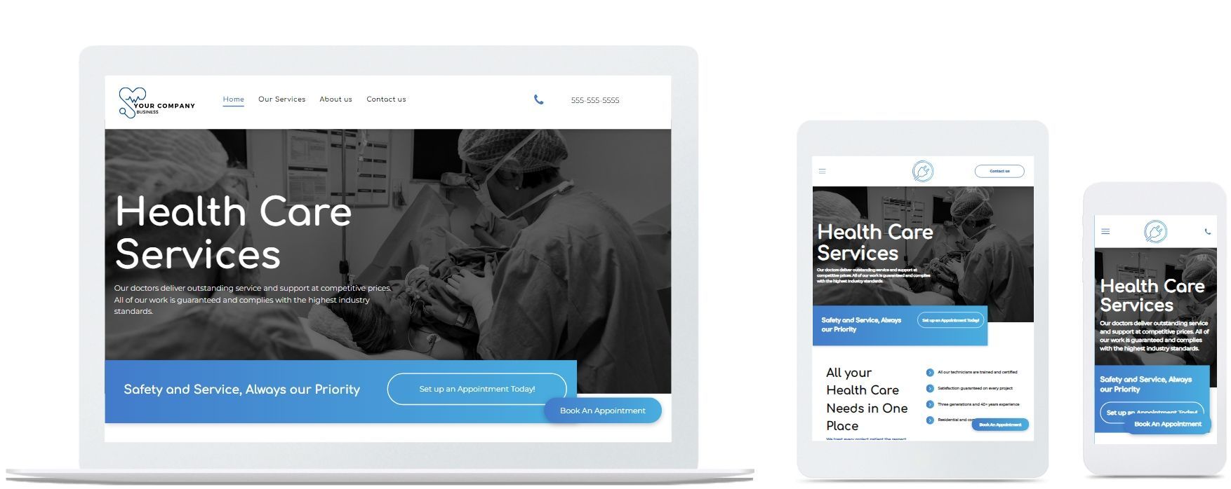 A laptop , tablet , and cell phone showing a website for health care services.