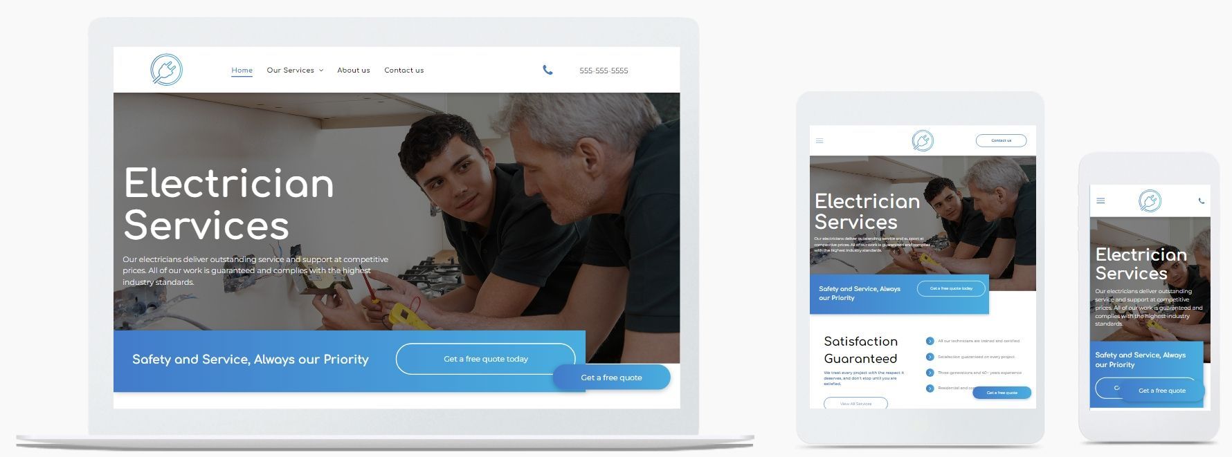 A laptop , tablet , and cell phone displaying a website for electrician services.