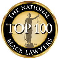 Gold-bordered logo for The National Top 100 Black Lawyers featuring a silhouette of Lady Justice on a tan background.