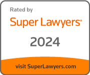 A white square badge with orange trim labeled "Rated by Super Lawyers 2024," with a link to SuperLawyers.com at the bottom.
