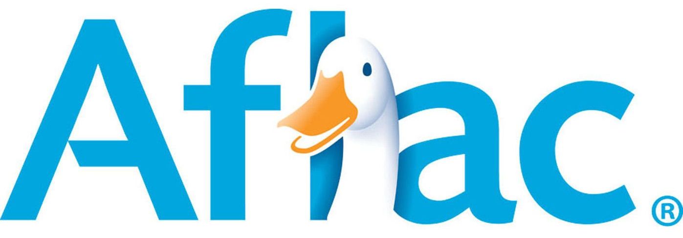 The Aflac logo in blue with the famous Aflac duck peeking out from the 