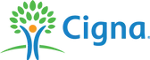 A cigna logo with a tree and a person in the middle.