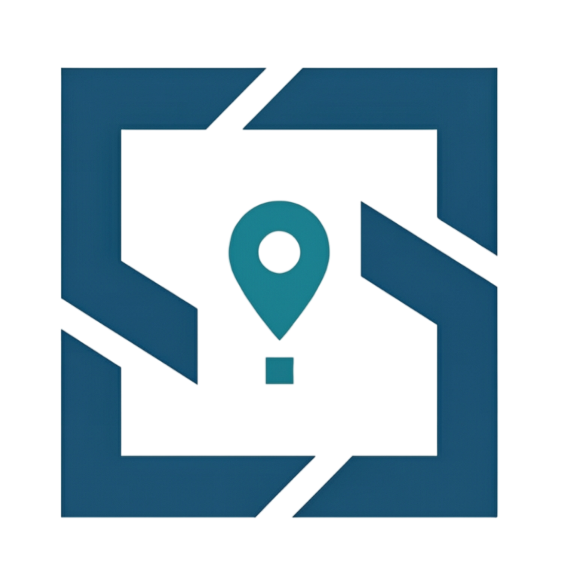 Blue location pin logo inside a white square with teal border and angular cutout corners