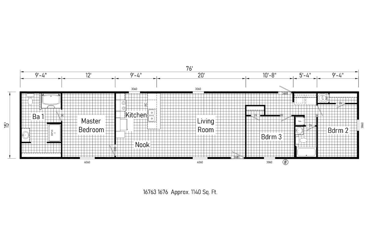 A black and white floor plan of a mobile home.