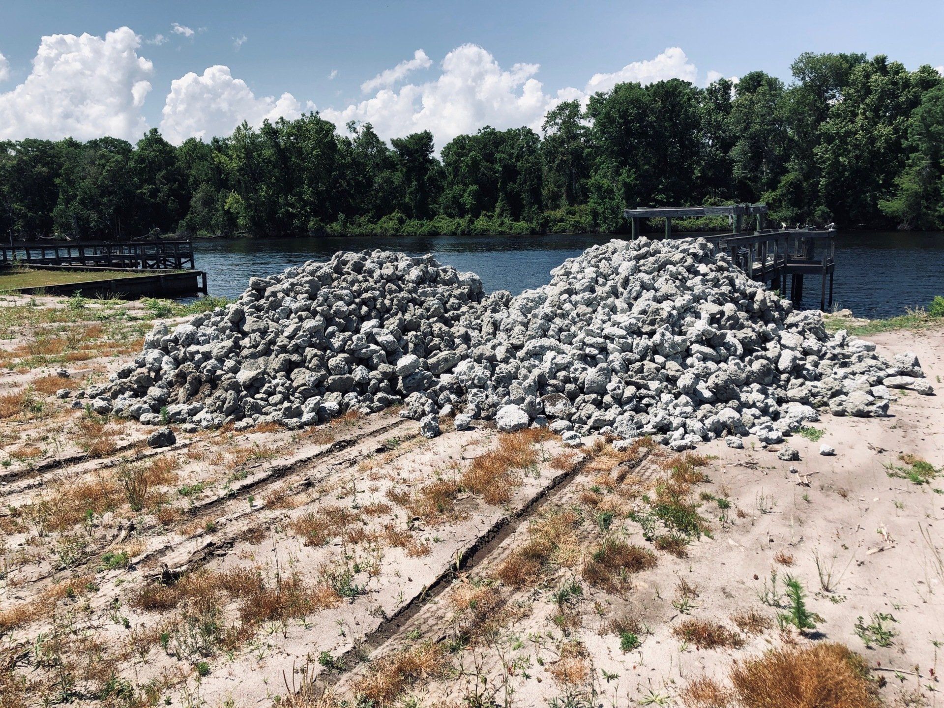 stone seawall being constructed