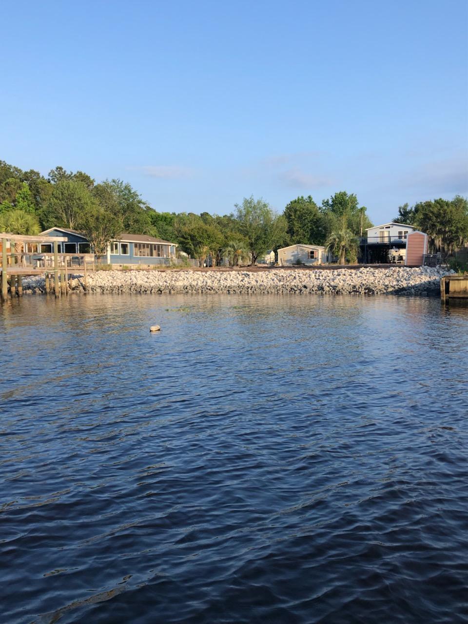 new installed stone seawall installation