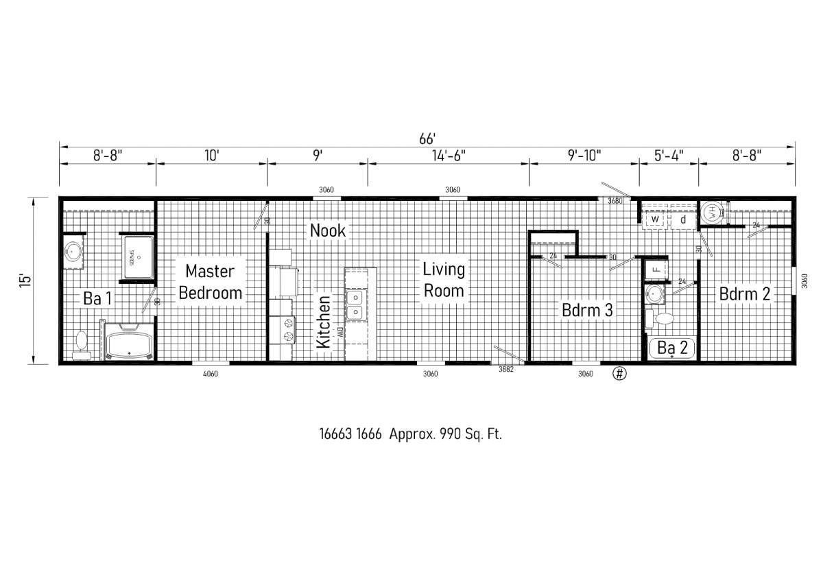 A black and white floor plan of a mobile home.