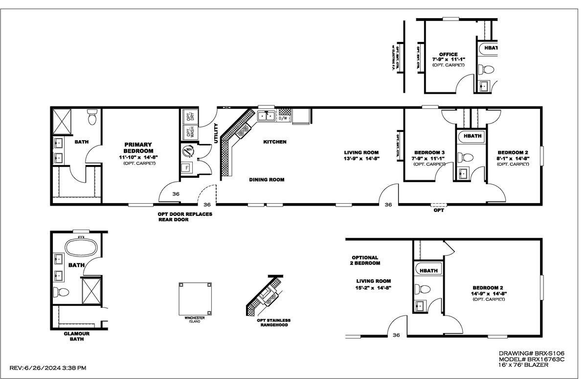 A black and white floor plan of a mobile home