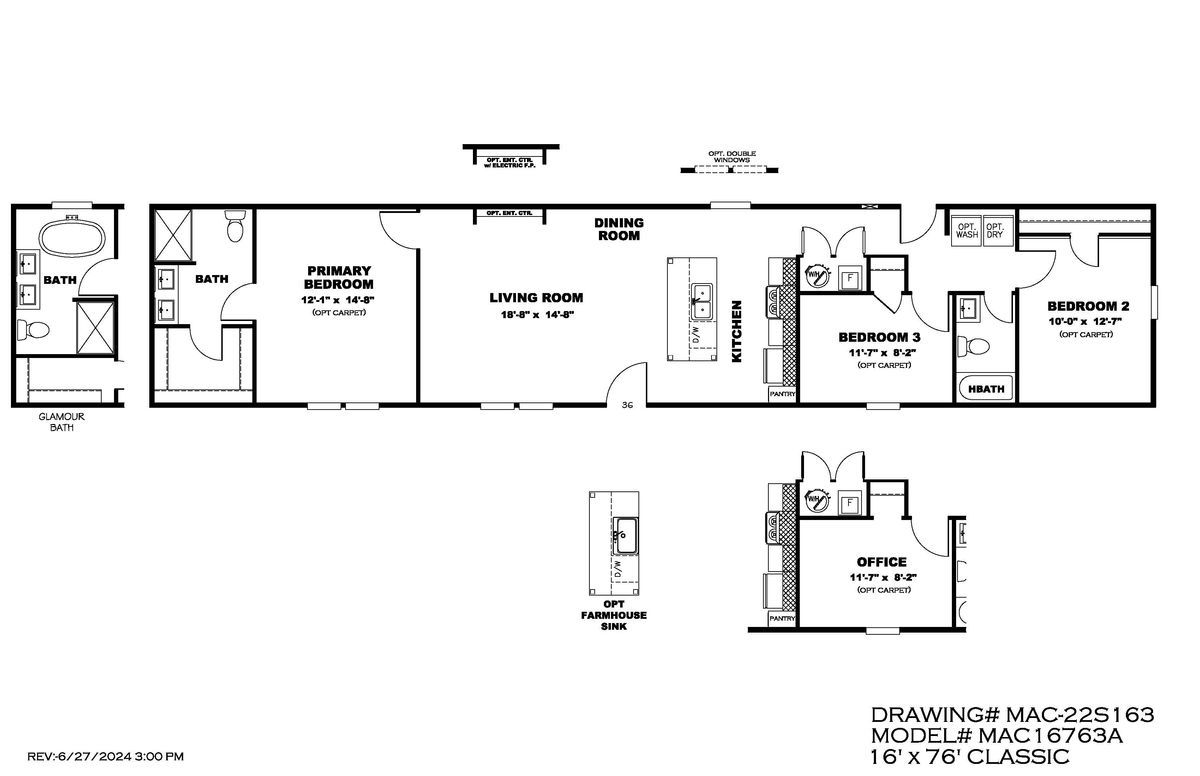 A black and white floor plan of a mobile home.