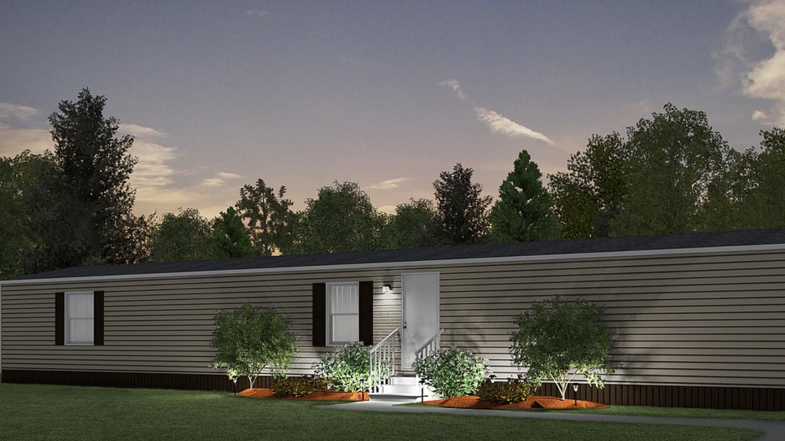 A rendering of a mobile home at night.