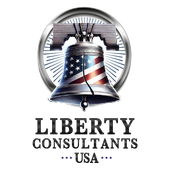 The logo for liberty consultants usa has a bell with an american flag on it