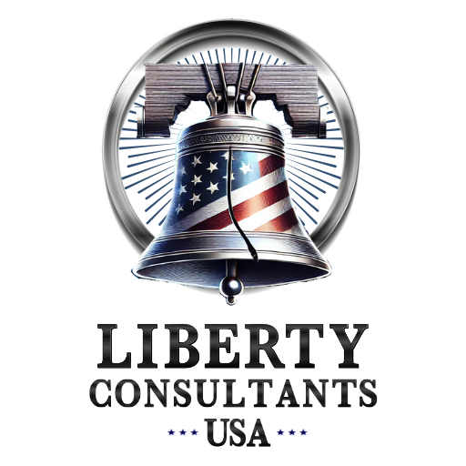 The logo for liberty consultants usa has a bell with an american flag on it