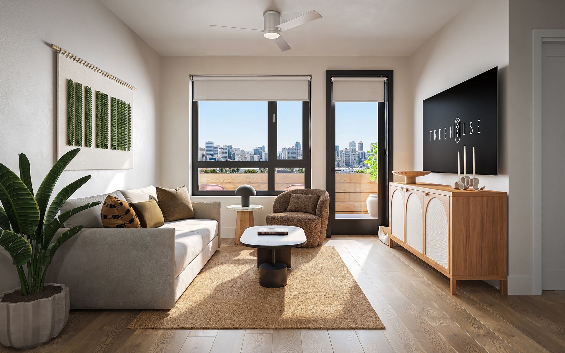 Living room with couch, tv, and city view. Neutral tones with plants.