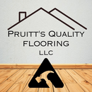 Logo for Pruitt's Quality Flooring LLC. House outline, company name, and a black triangle with a hammer silhouette.
