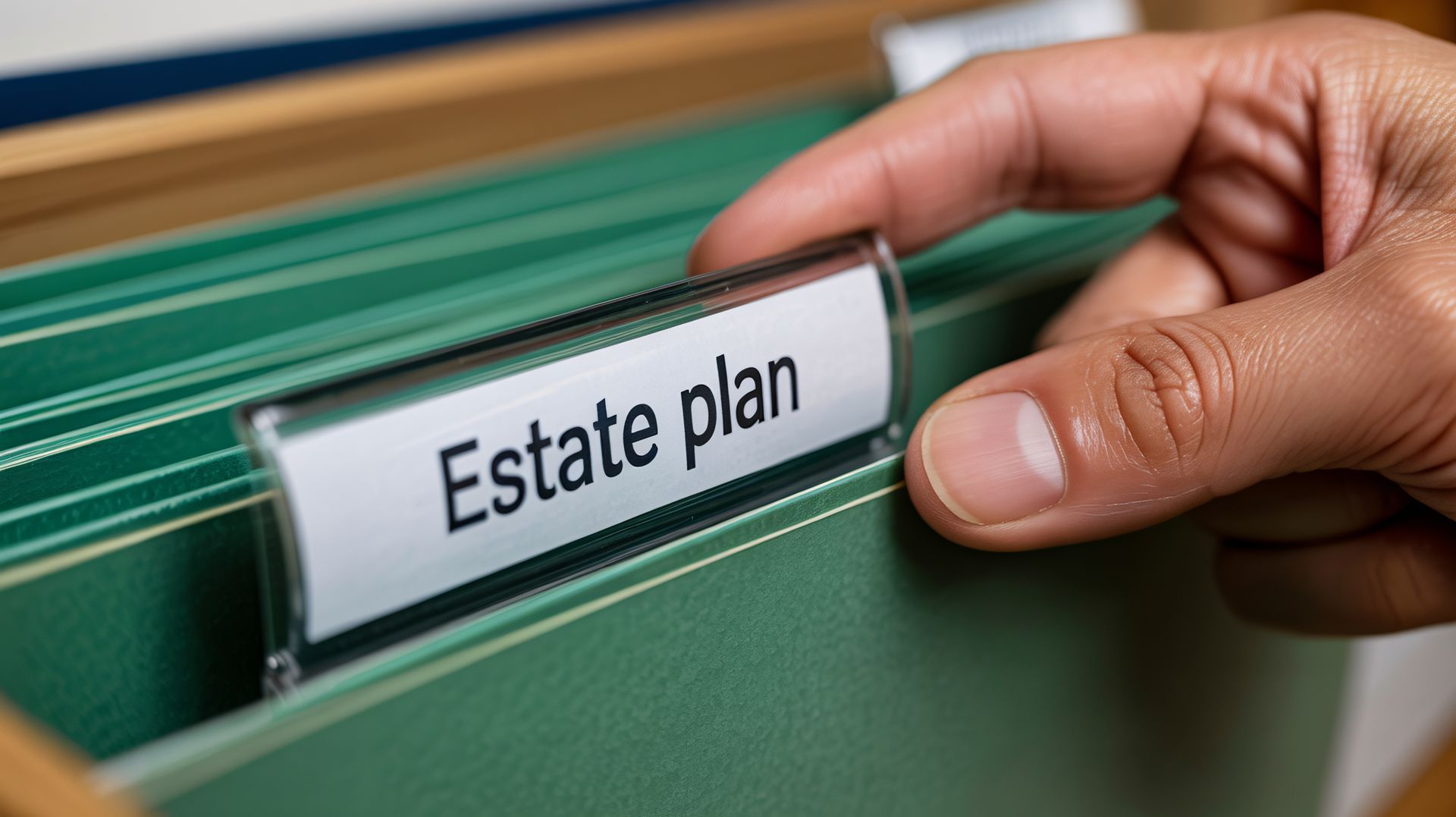 Hand organizing estate plan documents in labeled filing cabinet. Hand organizing estate plan documents in labeled filing cabinet.
