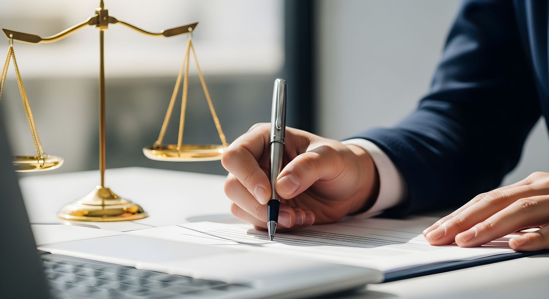 An attorney signing documents for a law and estate planning service near a golden scale of justice.