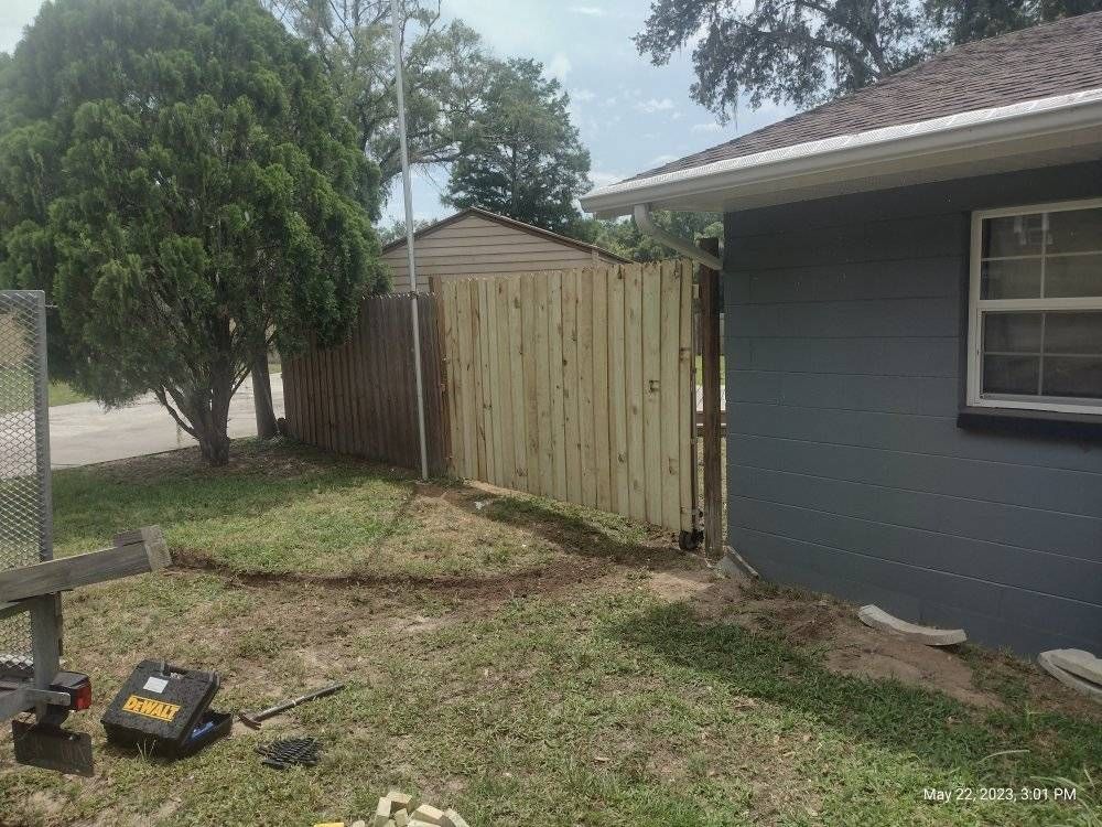 A backyard scene with a wooden fence, gate, and a blue house.